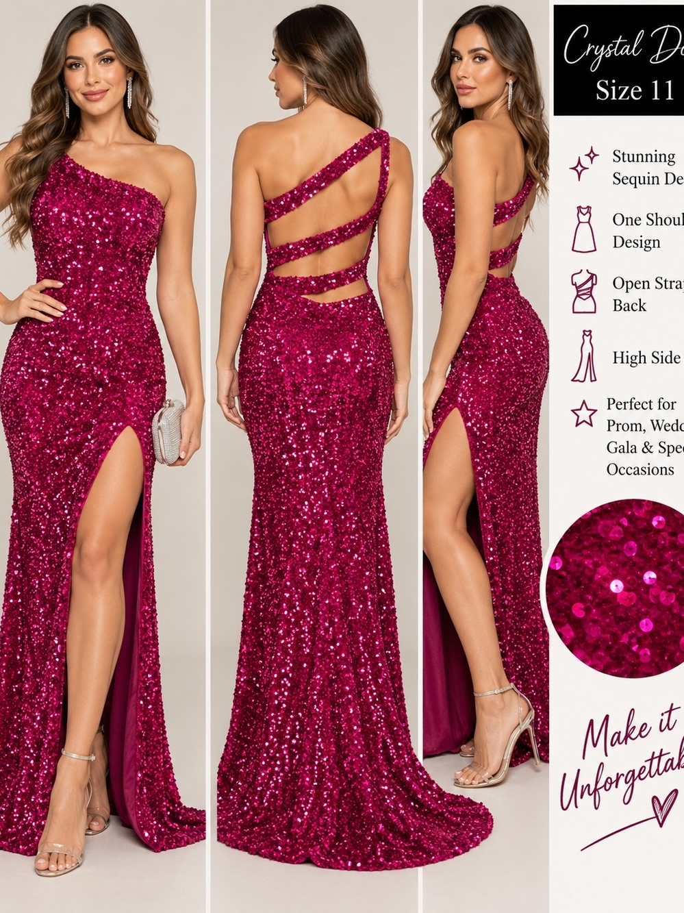 Crystal Doll Fuchsia Sequin One Shoulder Formal Gown Size 11